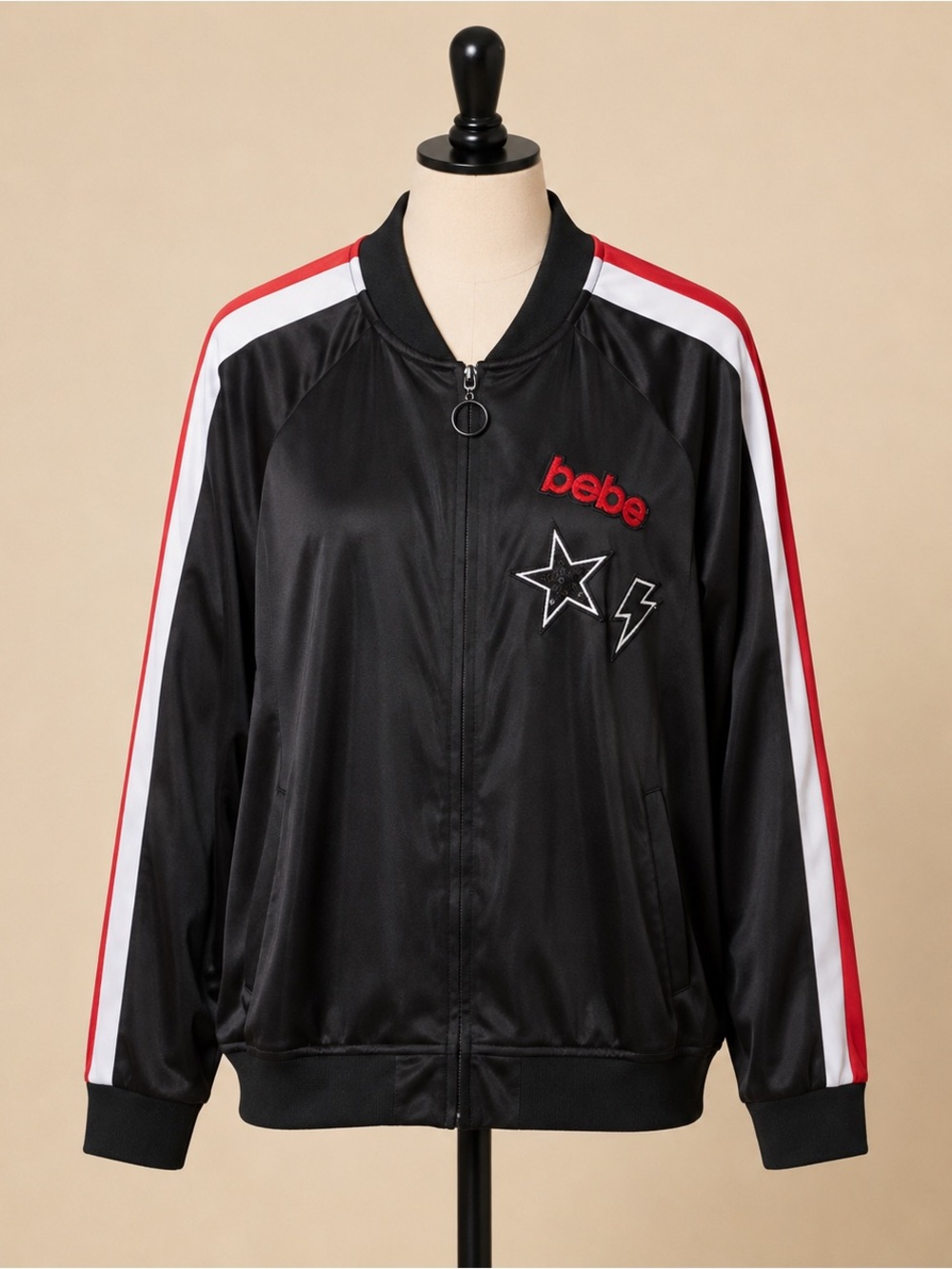 bebe Black Bomber Jacket with Red & White Shoulder Stripes